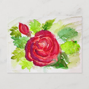 Cartão Postal De Festividades Pintura Floral Aquarela Rosa Vermelha em Flor