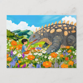 Cartão Postal De Festividades Piquenique animado com dinossauro no campo