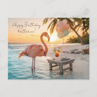 Cartão Postal De Festividades Piquenique na Praia do Flamingo Tropical ao Pôr do