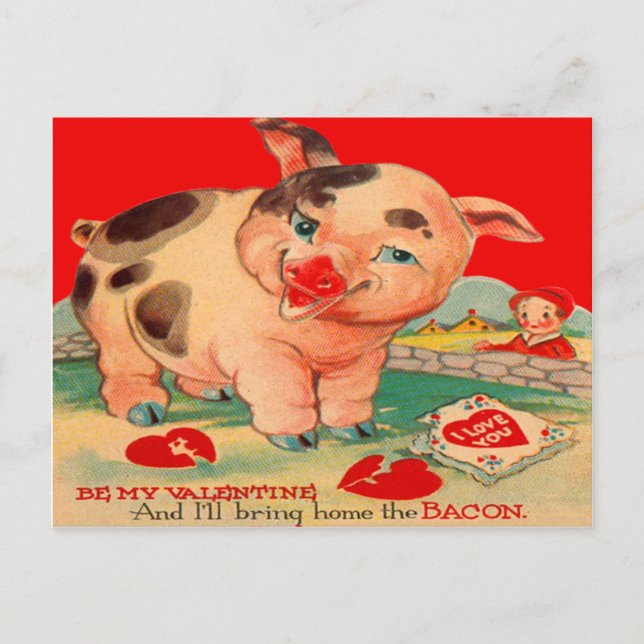 Cartão Postal De Festividades Placa de Namorados de Bacon para Suínos Retroativo (Frente)