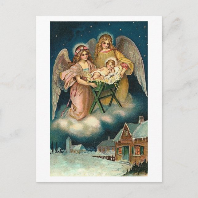CARTÃO POSTAL DE FESTIVIDADES PLACA DE NATAL POLONESA COM ANJOS E BEBÊ JESUS (Frente)