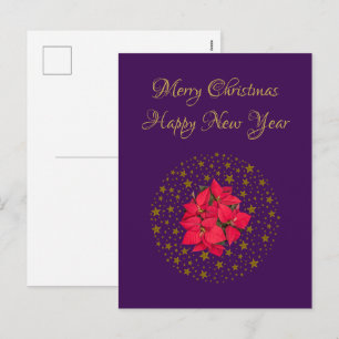 Cartão Postal De Festividades Planta de Poinsettia Vermelha sobre céu roxo estre