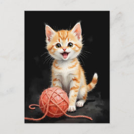 Cartão Postal De Festividades Playful Kitten Cat with Yarn Watercolor Print
