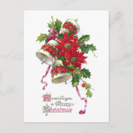 Cartão Postal De Festividades Poinsétia Bels e natal vintage do azevinho