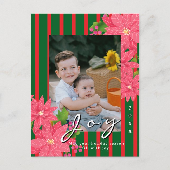 Cartão Postal De Festividades Poinsétia de Natal Alegre Foto Vermelho Verde (Frente)