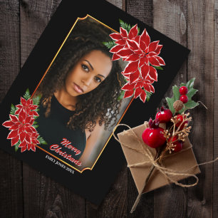 Cartão Postal De Festividades Poinsétia Vermelha Foto Personalizada Borda Preta