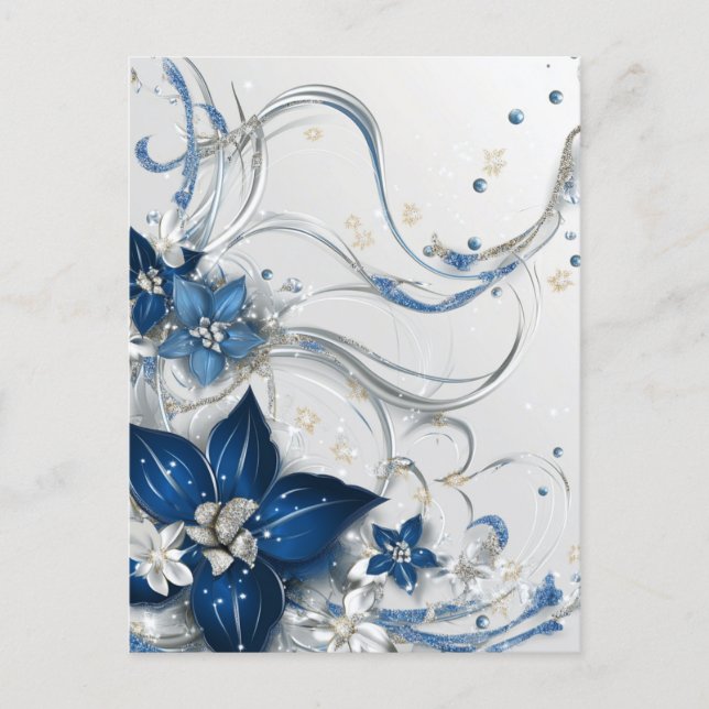 CARTÃO POSTAL DE FESTIVIDADES POINSETTIA DE FÉRIAS AZUL / BRANCO #1 (Frente)