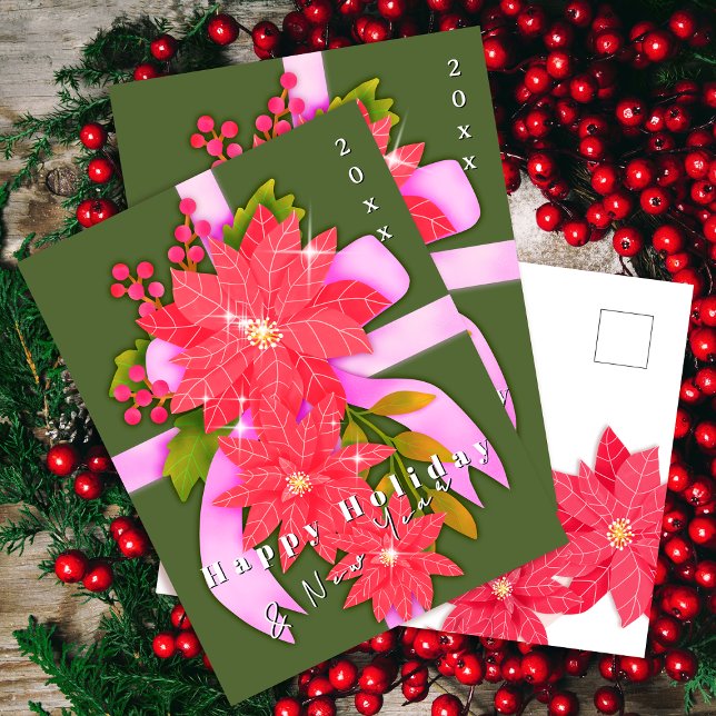 Cartão Postal De Festividades Poinsettia Feliz Feriado Ano Novo Verde (Criador carregado)