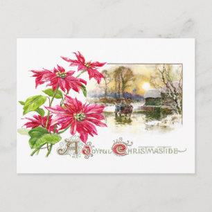 Cartão Postal De Festividades Poinsettias e Country Vignette Vintage Xmas