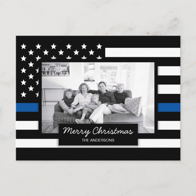 Cartão Postal De Festividades Police Thin Blue Line American Flag Photo (Frente)