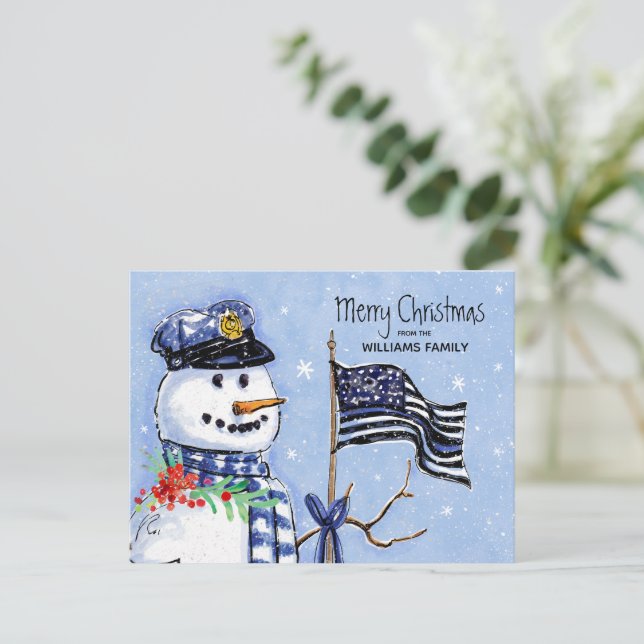Cartão Postal De Festividades Policial Fino Blue Line Flag Feliz Natal Snowman (Em pé/Frente)