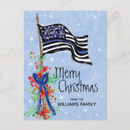Cartão Postal De Festividades Policial Thin Blue Line American Flag Holly Add Na