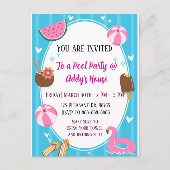 Cartão Postal De Festividades Pool Party Fun! Birthday Pool Party! (Frente)