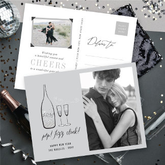 Cartão Postal De Festividades Pop Fizz Clink Na moda Silver Champagne Foto Chic