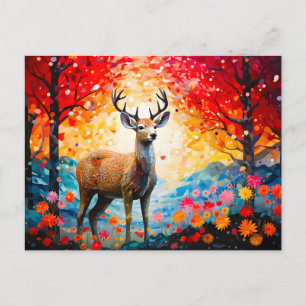 Cartão Postal De Festividades Pôr do Sol Dourado Floral Floresta Outonal Veado