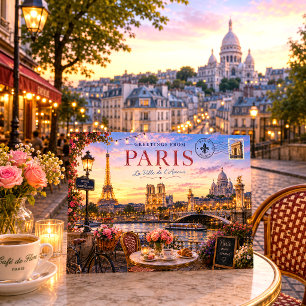 Cartão Postal De Festividades Pôr do sol romântico vintage Paris silhueta da cid