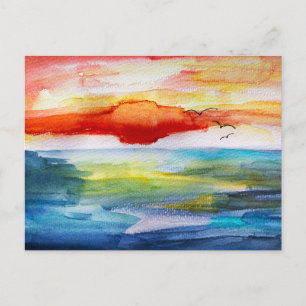 Cartão Postal De Festividades Pôr do Sol Sobre o Mar em Estilo Aquarela