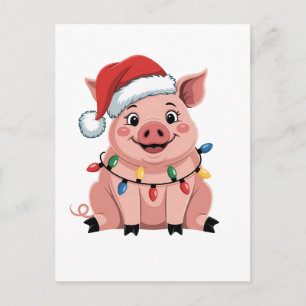 Cartão Postal De Festividades Porco Natal Chapéu de Papai Noel Xmas Festa Porco