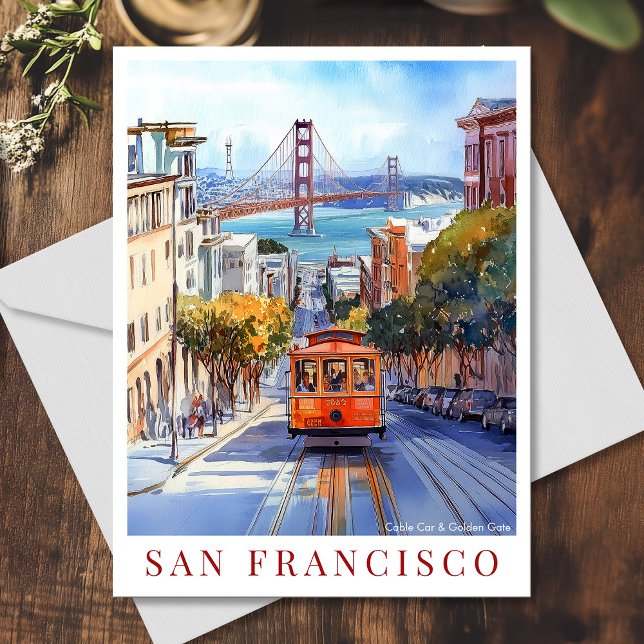 Cartão Postal De Festividades Portão do Ouro California São Francisco (Watercolor San Francisco Cable Car and Golden Gate Holiday Postcard)
