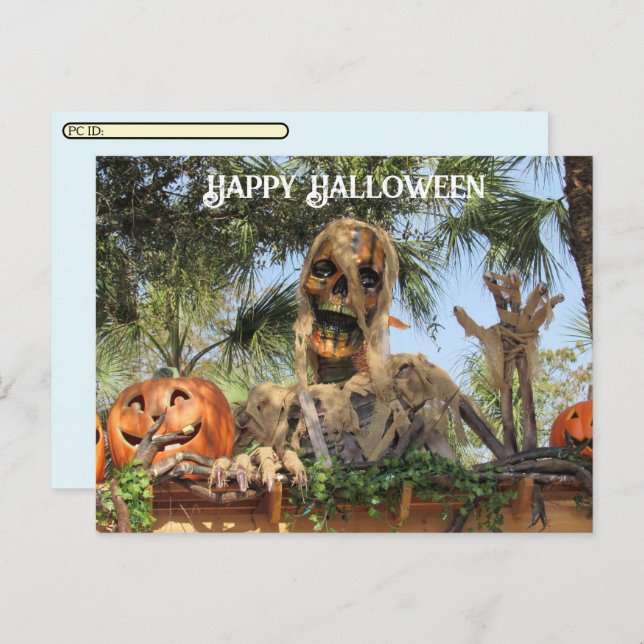 Cartão Postal De Festividades Pós-travessia - Esqueleto de Halloween e Abóbora (Frente/Verso)