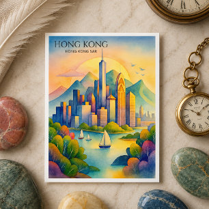 Cartão Postal De Festividades Postal de Aquarela da Silhueta de Hong Kong   Gif 
