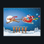 Cartão Postal De Festividades Postcard Christmas Santa Sleigh Reindeer<br><div class="desc">Quality Christmas Postcard: A beautiful winter scene,  a Santa Sleigh Christmas Stunt Show. A reindeer is flying with a Santa sleigh over a row of courageous reindeers. Design by Frank Ramspott,  Munich,  Germany.</div>