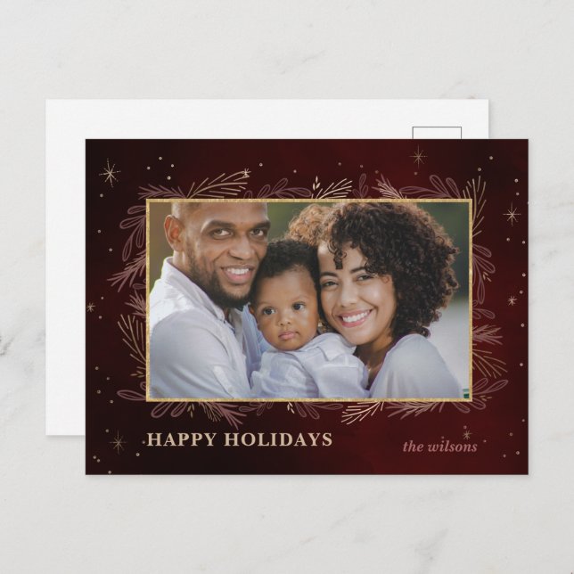 Cartão Postal De Festividades PostCard de Feriado Botânico Dourado Vermelho (Frente/Verso)