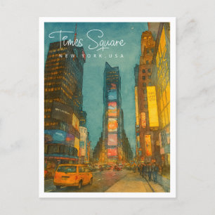 Cartão Postal De Festividades Praça Times NYC Luzes Noturnas Aquarela