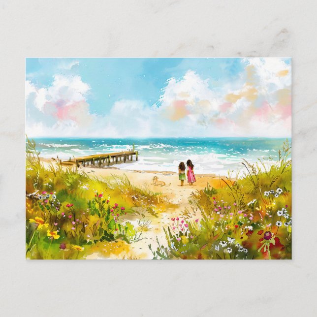 Cartão Postal De Festividades Prado de flor selvagem perto da praia com crianças (Frente)