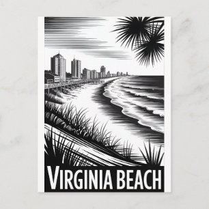Cartão Postal De Festividades Praia da Virgínia Virgínia Preto Branco Xilogravur