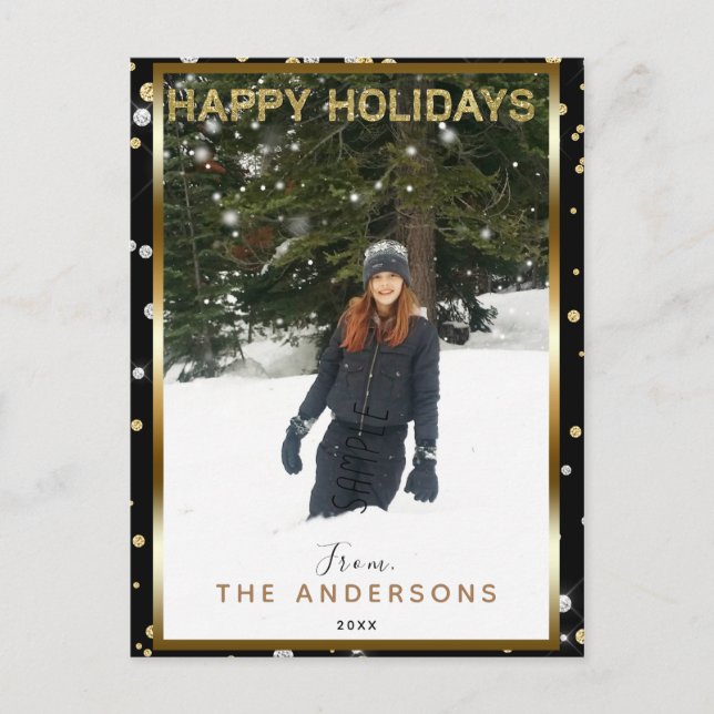 Cartão Postal De Festividades Prata preta & foto moderna do feriado do brilho (Frente)