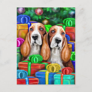 Cartão Postal De Festividades Presentes Abertos de Natal do Basset Hound