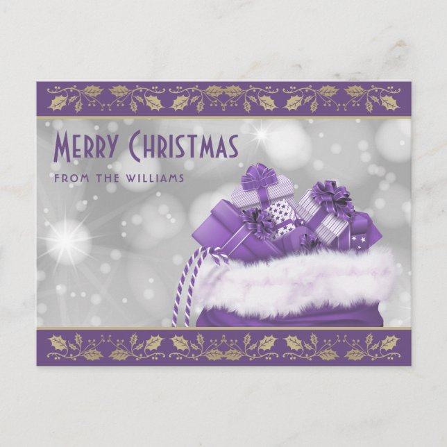 Cartão Postal De Festividades Presentes de Natal Dourado e Roxo (Frente)