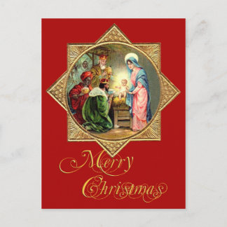 Cartão Postal De Festividades Presépio dentro de uma estrela dourada e em relevo