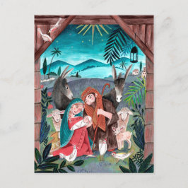 Cartão Postal De Festividades Presépio religioso azul, Maria e José vermelhos