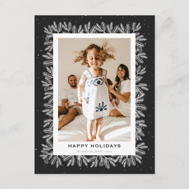Cartão Postal De Festividades Preto Rustic Pine Snow Photo Happy (Frente)