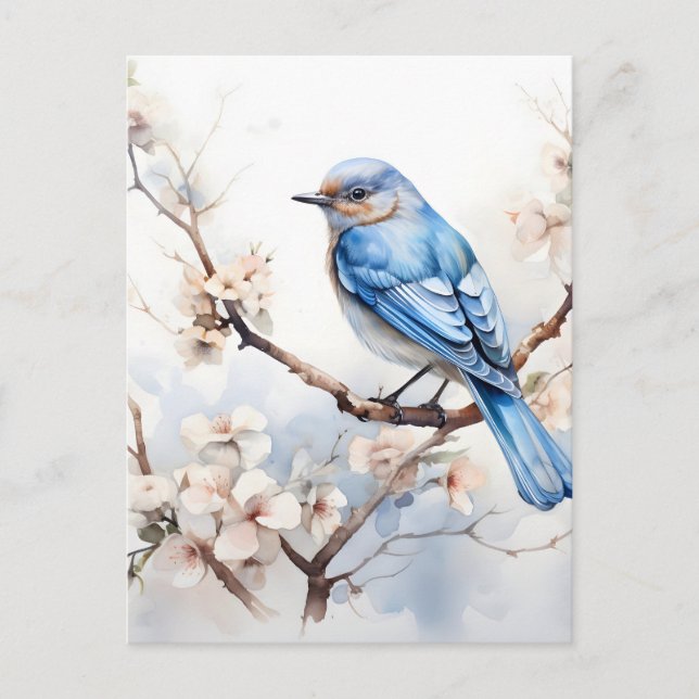 Cartão Postal De Festividades Primavera Bluebird na árvore brilhante (Frente)