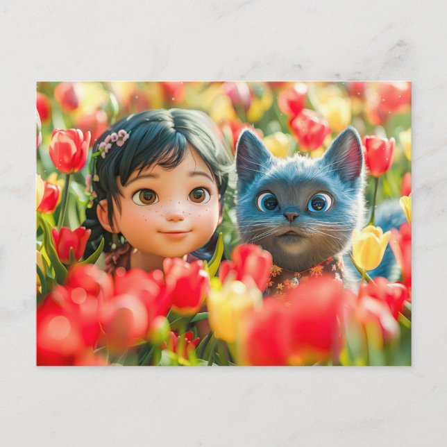 Cartão Postal De Festividades Primavera Fantasy Girl and Cat in Tulips (Frente)