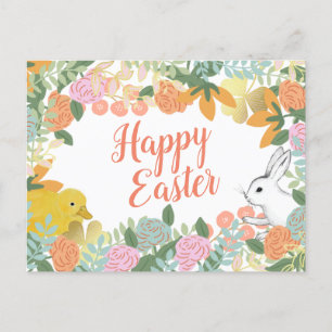 Cartão Postal De Festividades Primavera Floral Clover Duck Felz pascoa Bunny