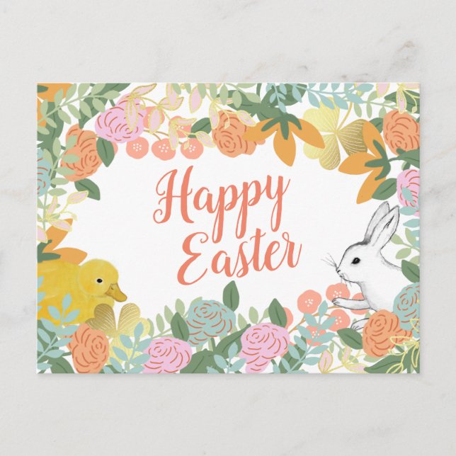 Cartão Postal De Festividades Primavera Floral Clover Duck Felz pascoa Bunny (Frente)