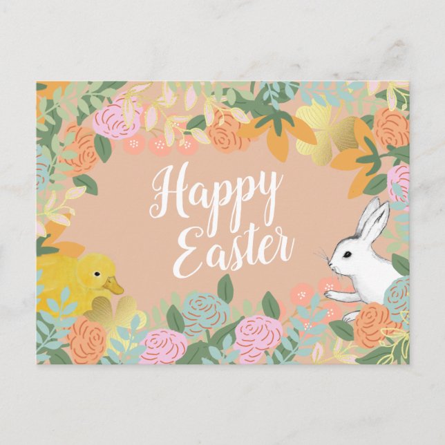 Cartão Postal De Festividades Primavera Floral Clover Duck Felz pascoa Bunny (Frente)
