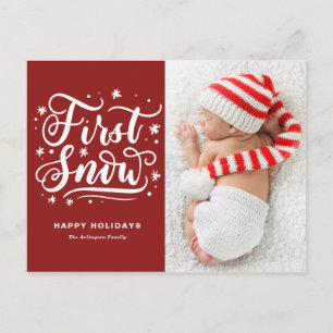 Cartão Postal De Festividades Primeira Neve Mão Letrada Vermelha Primeiro Natal