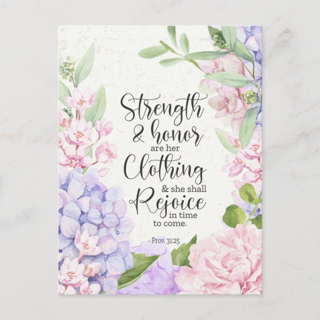Cartão Postal De Festividades Provérbios 31:25 - Força e honra (Frente)