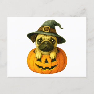 Cartão Postal De Festividades Pug in Pumpkin