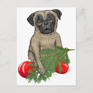 Cartão Postal De Festividades Pug Puppy Adorável Arte De Cão De Natal