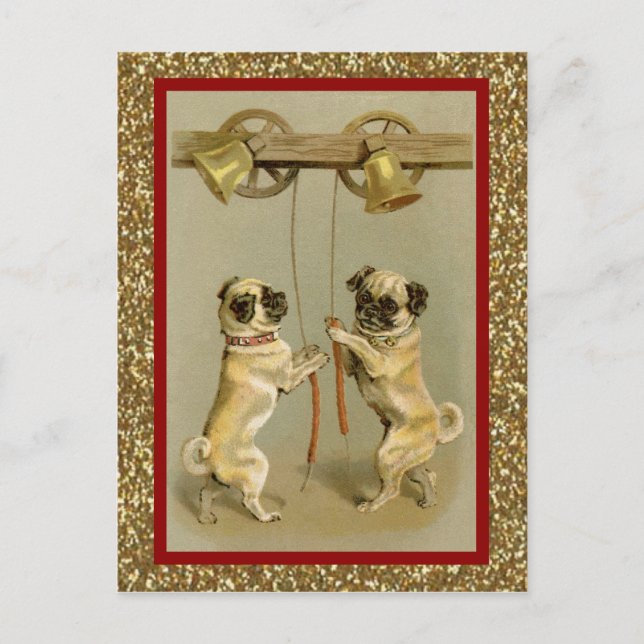 Cartão Postal De Festividades pugs antigos tocando sinos de ano novo (Frente)