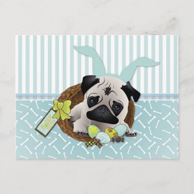 Cartão Postal De Festividades Pugs de Páscoa Adoráveis com Ovos, Cestos (Frente)