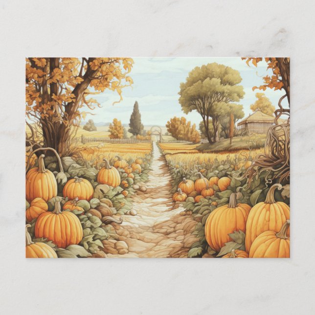 Cartão Postal De Festividades Pumpkin Patch Autumn Deixa Árvores no Halloween (Frente)