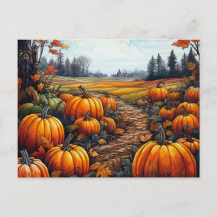 Cartão Postal De Festividades Pumpkin Patch Autumn Deixa Árvores no Halloween