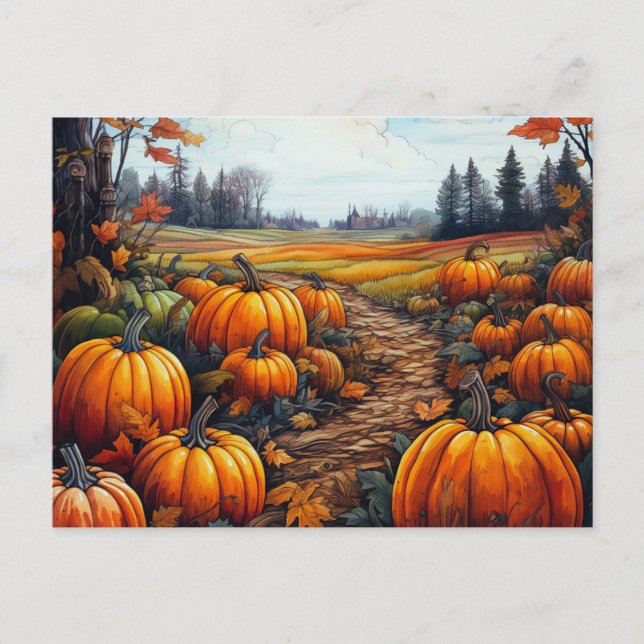 Cartão Postal De Festividades Pumpkin Patch Autumn Deixa Árvores no Halloween (Frente)